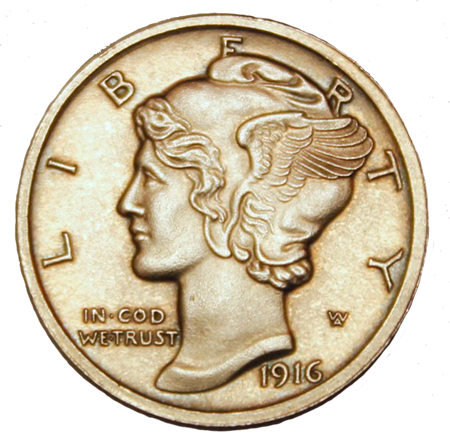 1916 Mercury Dime Collectors Replica - Silver, 18mm